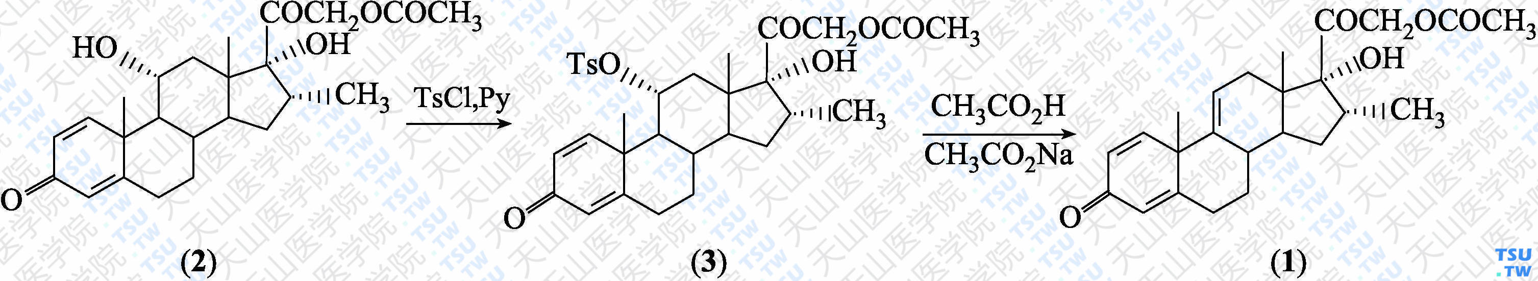 16<i>α</i>-甲基-17<i>α</i>，21-二羟基孕甾-1，4，9（11）-三烯-3，20-二酮-21-基乙酸酯（分子式：C<sub>24</sub>H<sub>30</sub>O<sub>5</sub>）的合成方法路线及其结构式