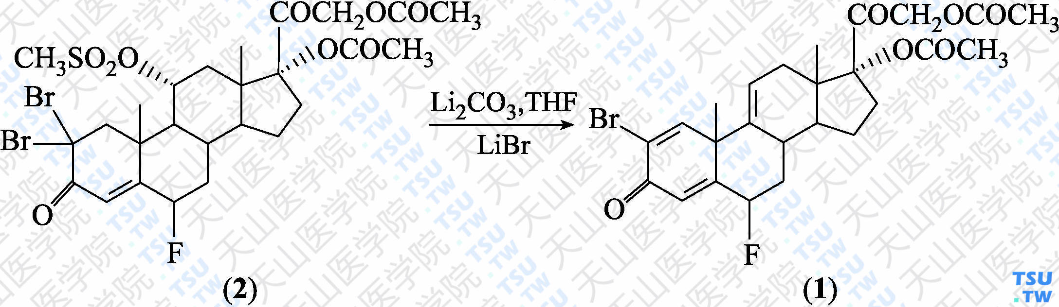 2-溴-6<i>β</i>-4-氟-17<i>α</i>，21-二羟基孕甾-1，4，9-三烯-3，20-二酮-17，21-基二乙酸酯（分子式：C<sub>25</sub>H<sub>28</sub>BrFO<sub>6</sub>）的合成方法路线及其结构式