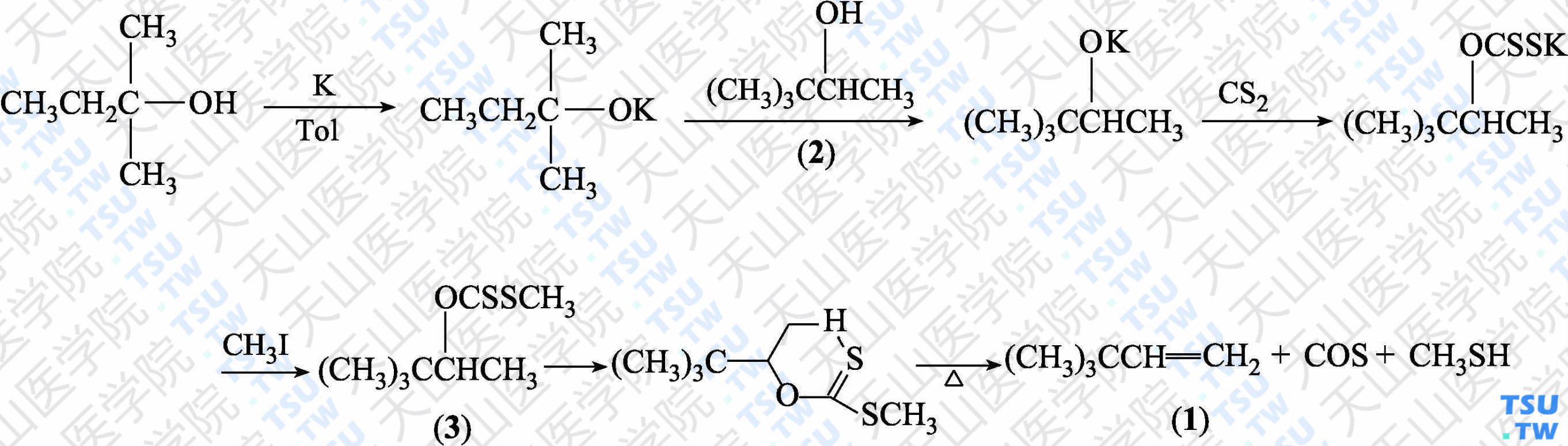 3，3-二甲基-1-丁烯（分子式：C<sub>6</sub>H<sub>12</sub>）的合成方法路线及其结构式