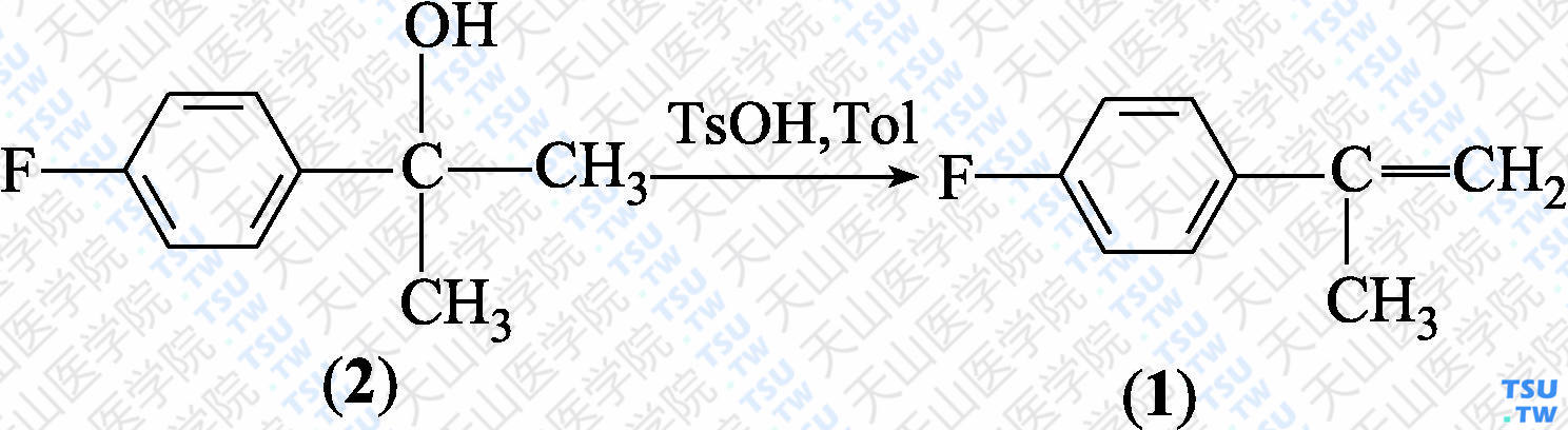 对氟-<i>α</i>-甲基苯乙烯（分子式：C<sub>9</sub>H<sub>9</sub>F）的合成方法路线及其结构式