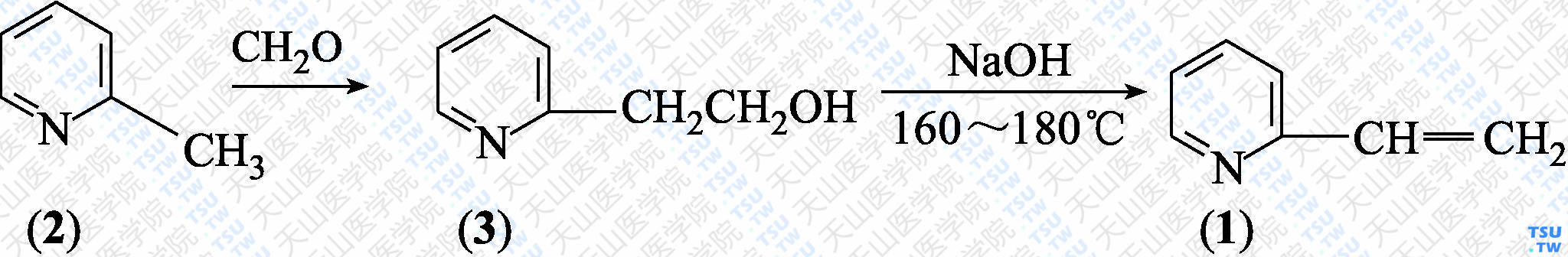 2-乙烯基吡啶（分子式：C<sub>7</sub>H<sub>7</sub>N）的合成方法路线及其结构式