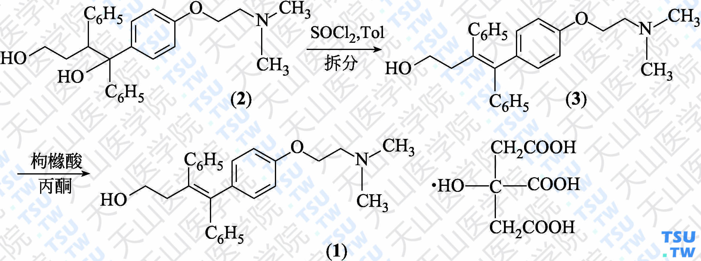 枸橼酸托瑞米芬（分子式：C<sub>26</sub>H<sub>29</sub>NO<sub>2</sub>·C<sub>6</sub>H<sub>8</sub>O<sub>7</sub>）的合成方法路线及其结构式