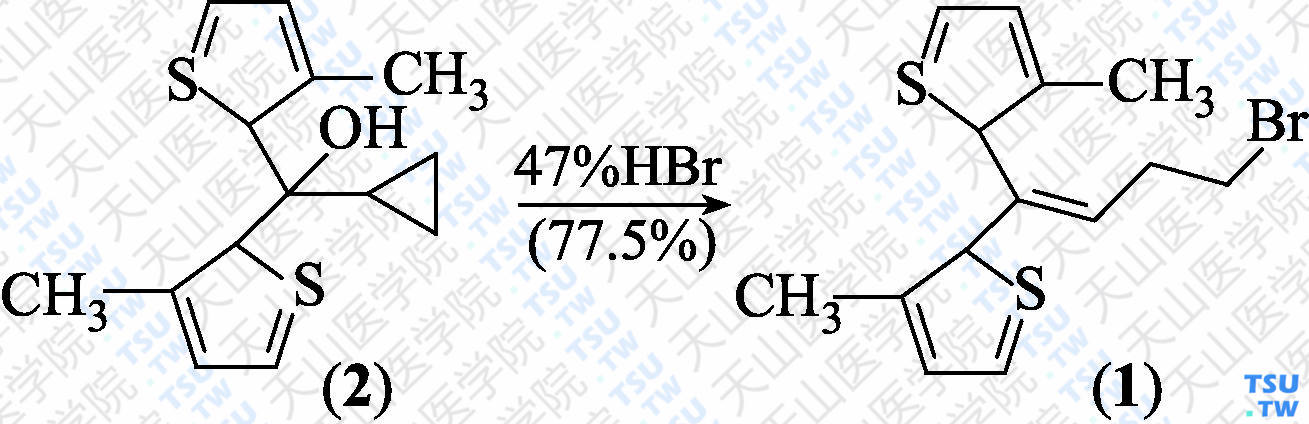 4-溴-1，1-二（3-甲基-2-噻吩基）-1-丁烯（分子式：C<sub>14</sub>H<sub>17</sub>BrS<sub>2</sub>）的合成方法路线及其结构式