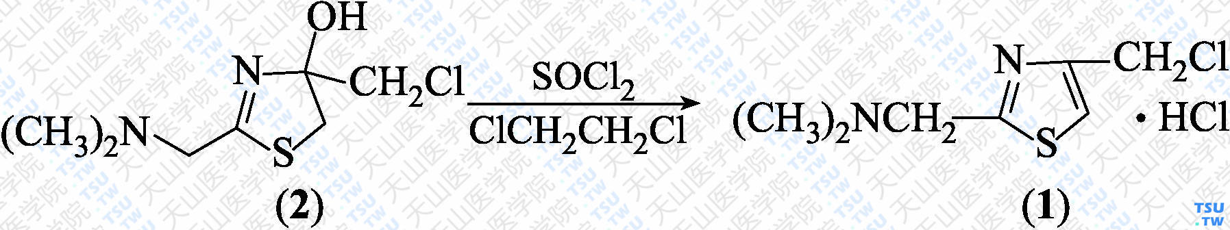 2-二甲氨基甲基-4-氯甲基噻唑盐酸盐（分子式：C<sub>7</sub>H<sub>11</sub>ClN<sub>2</sub>S·HCl）的合成方法路线及其结构式