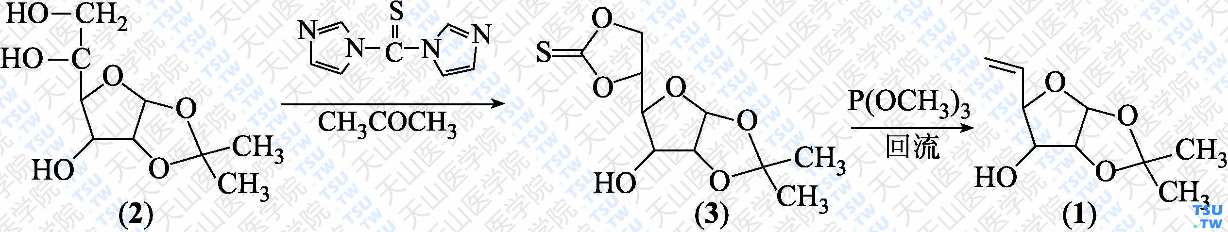 5，6-二脱氧-1，2-<i>O</i>-亚异丙基-<i>α</i>-D-木-5-烯呋喃糖（分子式：C<sub>9</sub>H<sub>14</sub>O<sub>4</sub>）的合成方法路线及其结构式
