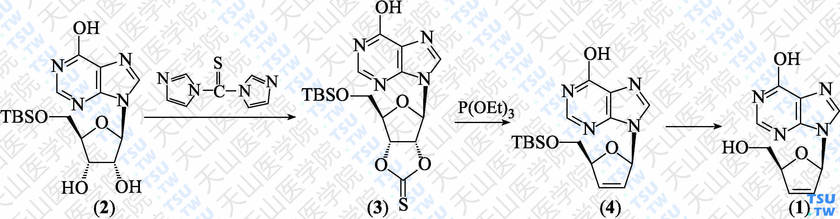 2'，3'-二脱氢-2'，3'-二脱氧肌苷（2，3-双脱氧脱氢肌苷）（分子式：C<sub>10</sub>H<sub>10</sub>N<sub>4</sub>O<sub>3</sub>）的合成方法路线及其结构式