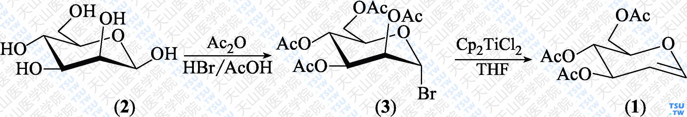 3，4，6-三-<i>O</i>-乙酰基-1，5-脱氢-2-脱氧-D-阿拉伯-己-1-烯糖（分子式：C<sub>12</sub>H<sub>16</sub>O<sub>7</sub>）的合成方法路线及其结构式
