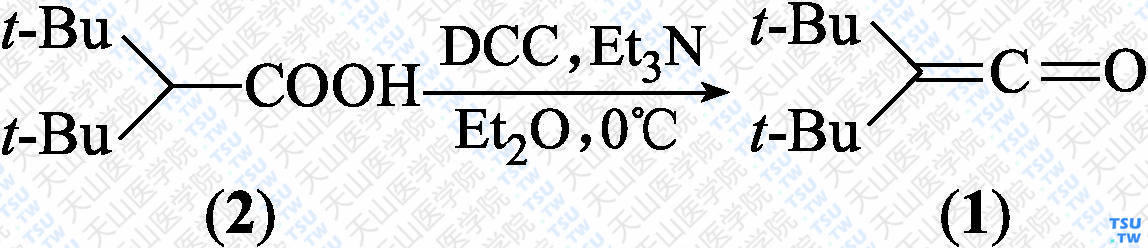 二叔丁基乙烯酮（分子式：C<sub>10</sub>H<sub>18</sub>O）的合成方法路线及其结构式