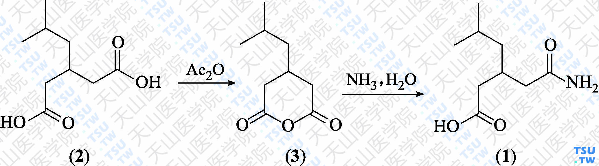 3-（氨甲酰甲基）-5-甲基己酸（分子式：C<sub>9</sub>H<sub>17</sub>NO<sub>3</sub>）的合成方法路线及其结构式