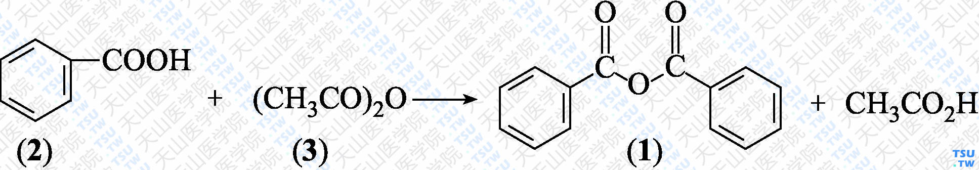 苯甲酸酐（分子式：C<sub>14</sub>H<sub>10</sub>O<sub>3</sub>）的合成方法路线及其结构式