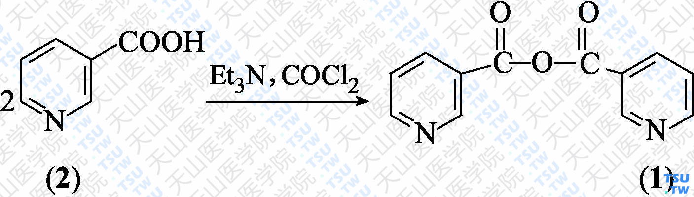 尼可酸酐（分子式：C<sub>14</sub>H<sub>10</sub>O<sub>3</sub>）的合成方法路线及其结构式