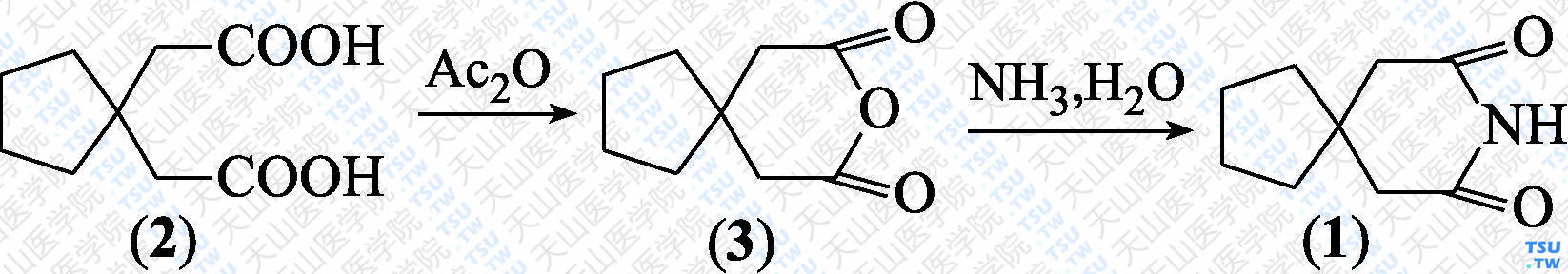 8-氮杂螺[4.5]癸烷-7，9-二酮（分子式：C<sub>9</sub>H<sub>13</sub>NO<sub>2</sub>）的合成方法路线及其结构式