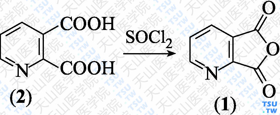 吡啶-2，3-二羧酸酐（分子式：C<sub>7</sub>H<sub>3</sub>NO<sub>3</sub>）的合成方法路线及其结构式