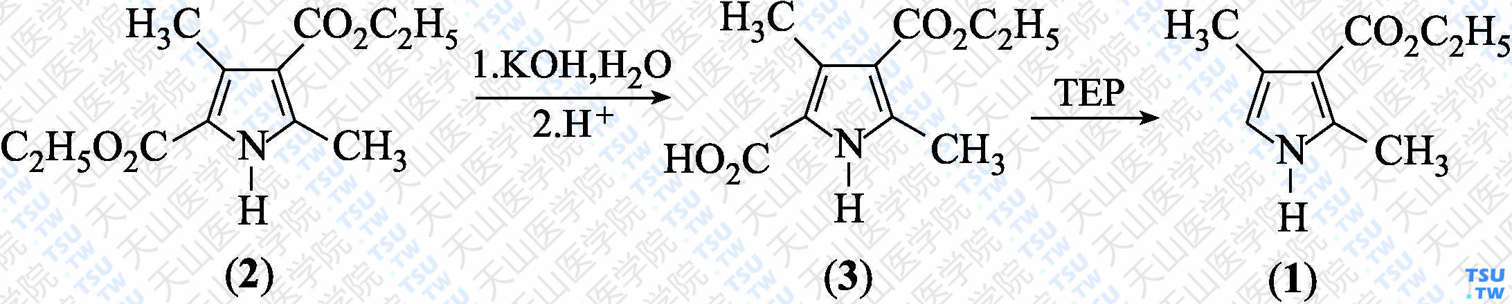 2，4-二甲基-1<i>H</i>-吡咯-3-羧酸乙酯（分子式：C<sub>9</sub>H<sub>13</sub>NO<sub>2</sub>）的合成方法路线及其结构式