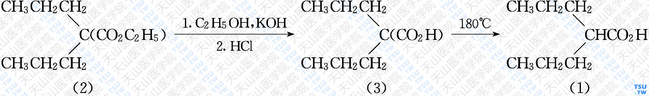 2-丙基戊酸（分子式：C<sub>8</sub>H<sub>16</sub>O<sub>2</sub>）的合成方法路线及其结构式