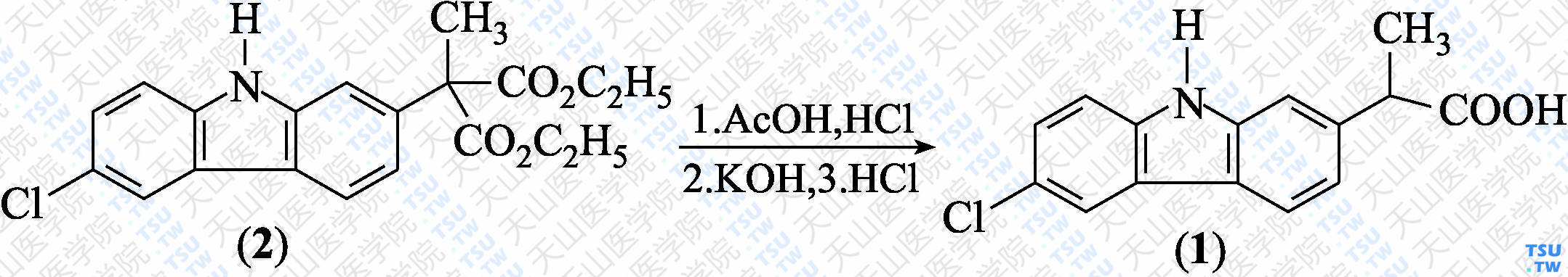 卡洛芬（分子式：C<sub>15</sub>H<sub>12</sub>ClNO<sub>2</sub>）的合成方法路线及其结构式