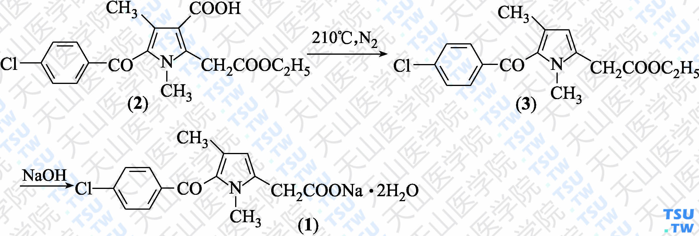 佐美酸钠（分子式：C<sub>15</sub>H<sub>13</sub>ClNNaO<sub>3</sub>·2H<sub>2</sub>O）的合成方法路线及其结构式