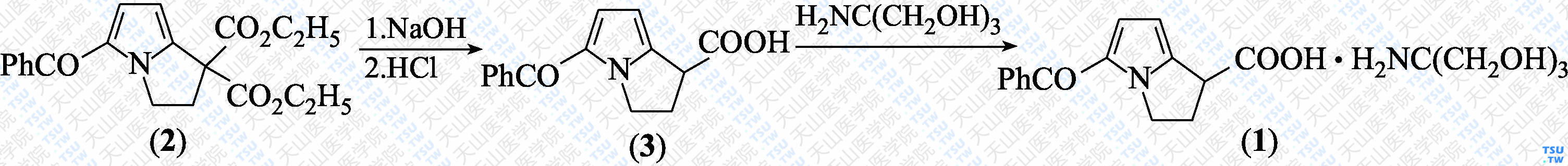 酮洛酸氨丁三醇（分子式：C<sub>15</sub>H<sub>13</sub>NO<sub>3</sub>·H<sub>2</sub>NC（CH<sub>2</sub>OH）<sub>3</sub>）的合成方法路线及其结构式