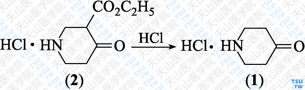 4-哌啶酮盐酸盐（分子式：C<sub>5</sub>H<sub>9</sub>NO·HCl）的合成方法路线及其结构式