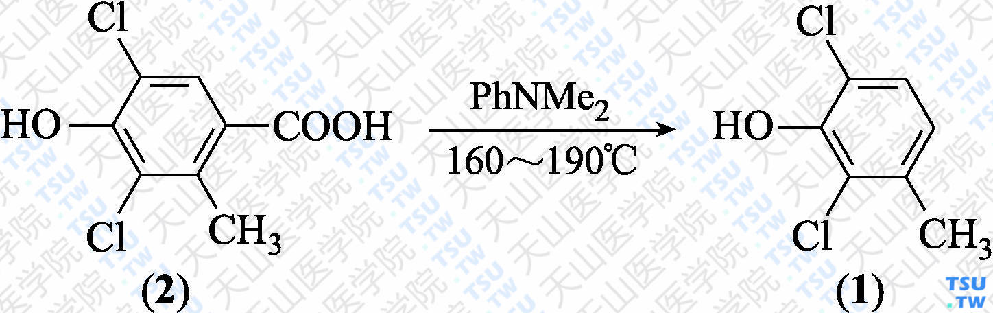 2，6-二氯-3-甲基苯酚（分子式：C<sub>7</sub>H<sub>6</sub>Cl<sub>2</sub>O）的合成方法路线及其结构式