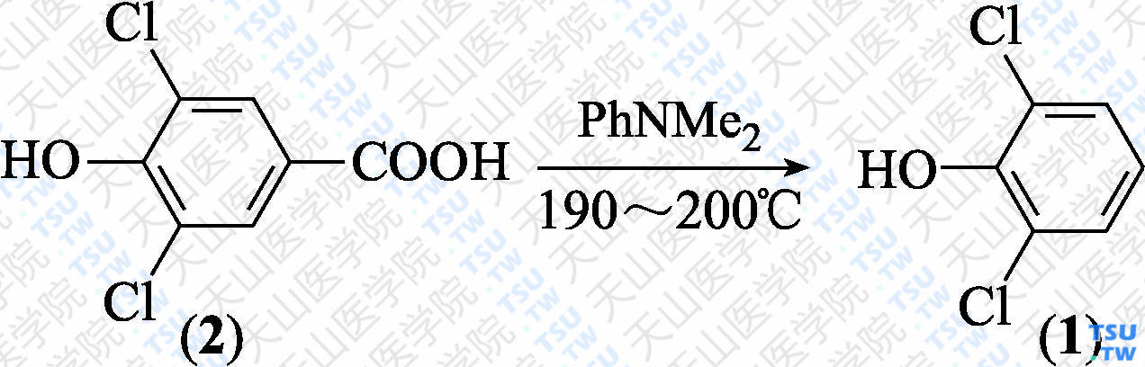 2，6-二氯苯酚（分子式：C<sub>6</sub>H<sub>4</sub>Cl<sub>2</sub>O）的合成方法路线及其结构式