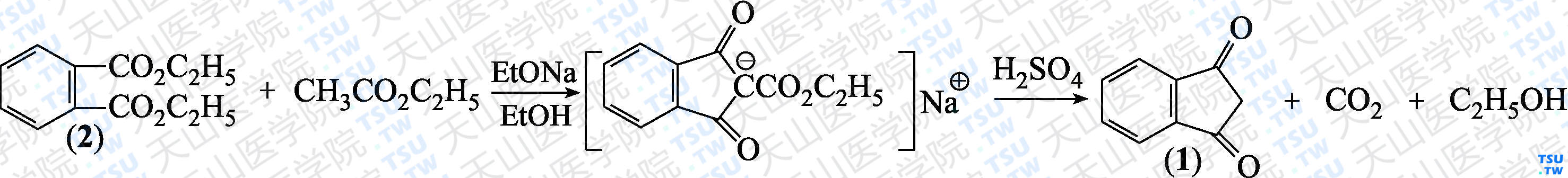 1，3-茚二酮（分子式：C<sub>9</sub>H<sub>6</sub>O<sub>2</sub>）的合成方法路线及其结构式