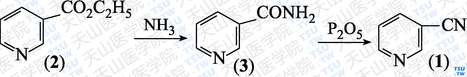 3-氰基吡啶（分子式：C<sub>6</sub>H<sub>4</sub>N<sub>2</sub>）的合成方法路线及其结构式