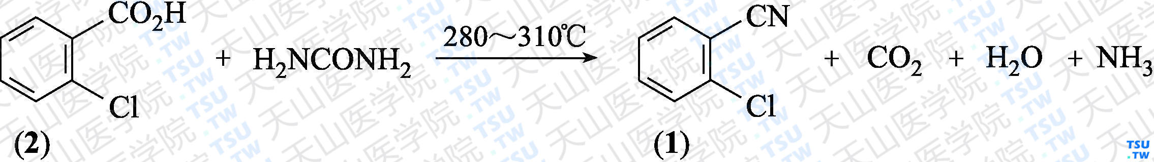邻氯苯甲腈（分子式：C<sub>7</sub>H<sub>4</sub>ClN）的合成方法路线及其结构式