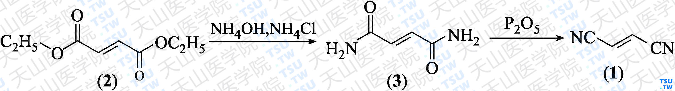 富马腈（分子式：C<sub>4</sub>H<sub>2</sub>N<sub>2</sub>）的合成方法路线及其结构式