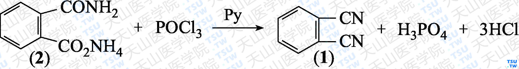 邻苯二腈（分子式：C<sub>8</sub>H<sub>4</sub>N<sub>2</sub>）的合成方法路线及其结构式