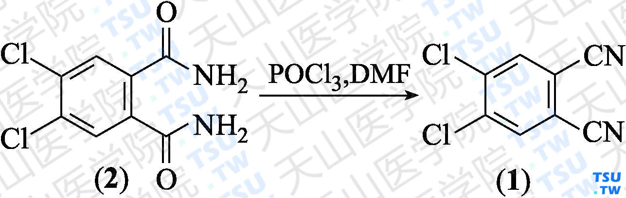 4，5-二氯邻苯二甲腈（分子式：C<sub>8</sub>H<sub>2</sub>N<sub>2</sub>Cl<sub>2</sub>）的合成方法路线及其结构式