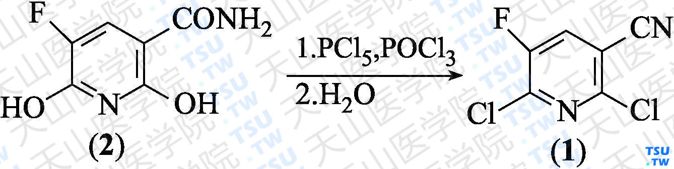 2，6-二氯-5-氟尼克腈（分子式：C<sub>6</sub>HCl<sub>2</sub>FN<sub>2</sub>）的合成方法路线及其结构式