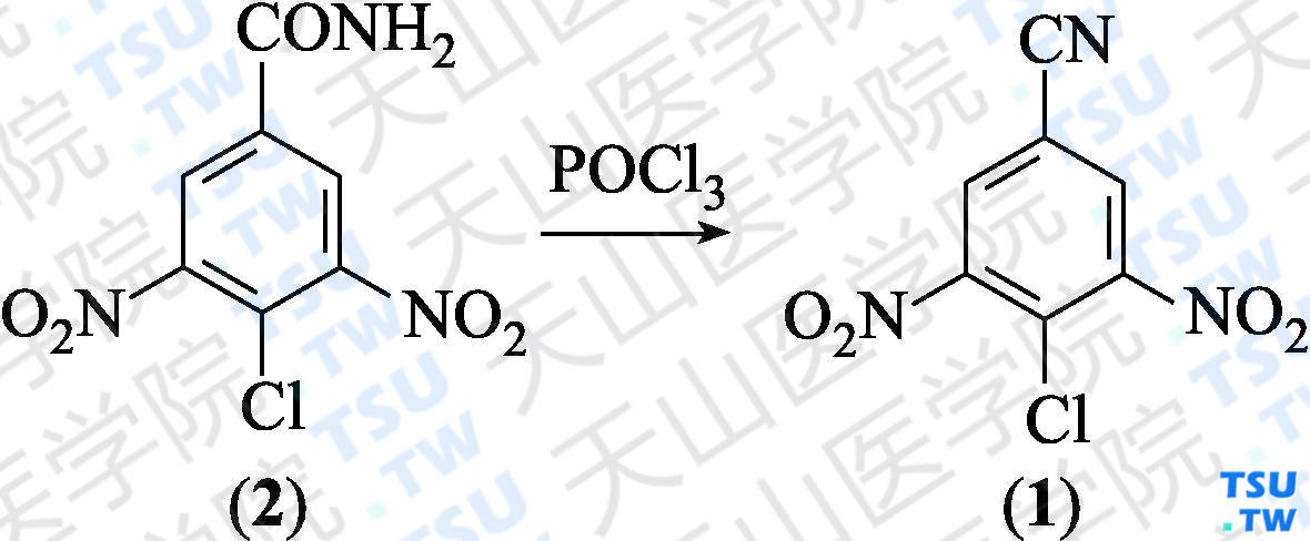 4-氯-3，5-二硝基苯甲腈（分子式：C<sub>7</sub>H<sub>2</sub>ClN<sub>3</sub>O<sub>4</sub>）的合成方法路线及其结构式