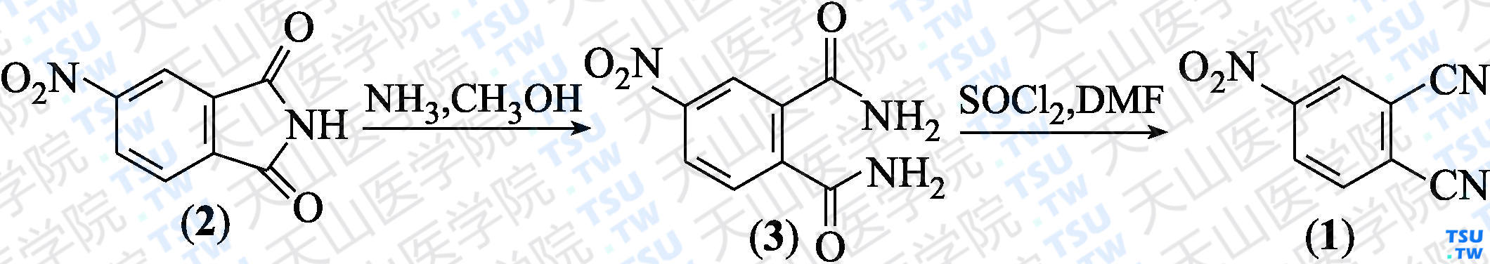 4-硝基邻苯二甲腈（分子式：C<sub>8</sub>H<sub>3</sub>N<sub>3</sub>O<sub>2</sub>）的合成方法路线及其结构式