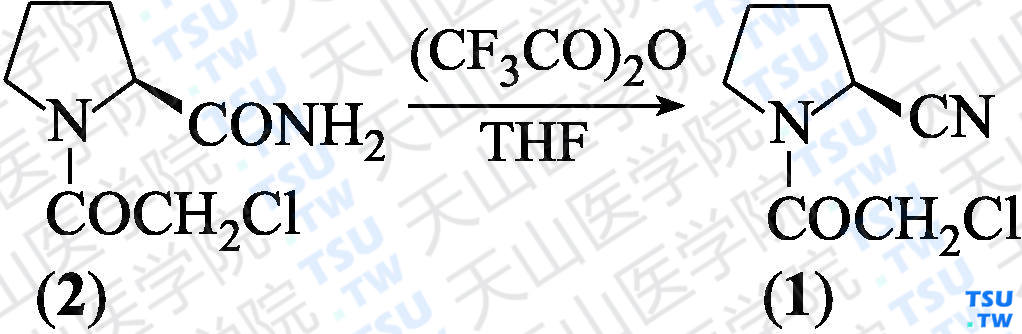 （<i>S</i>）-1-（2-氯乙酰基）吡咯烷-2-甲腈（分子式：C<sub>7</sub>H<sub>9</sub>ClN<sub>2</sub>O）的合成方法路线及其结构式