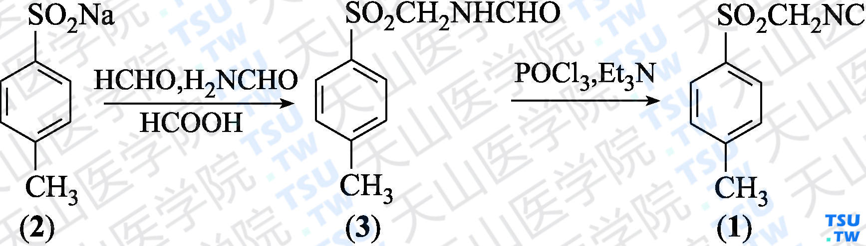 对甲苯磺酰甲基异腈（分子式：C<sub>9</sub>H<sub>9</sub>NO<sub>2</sub>S）的合成方法路线及其结构式