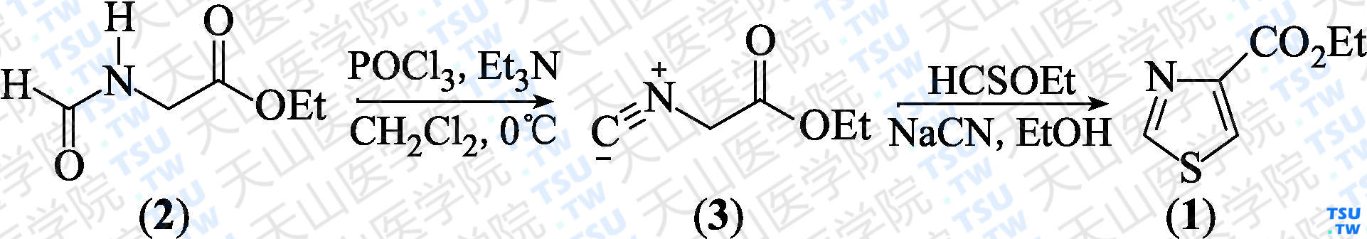 噻唑-4-甲酸乙酯（分子式：C<sub>6</sub>H<sub>7</sub>NO<sub>2</sub>S）的合成方法路线及其结构式