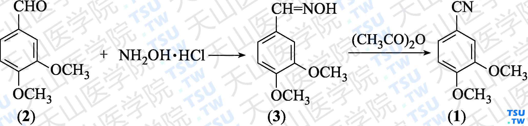3，4-二甲氧基苯甲腈（分子式：C<sub>9</sub>H<sub>9</sub>NO<sub>2</sub>）的合成方法路线及其结构式