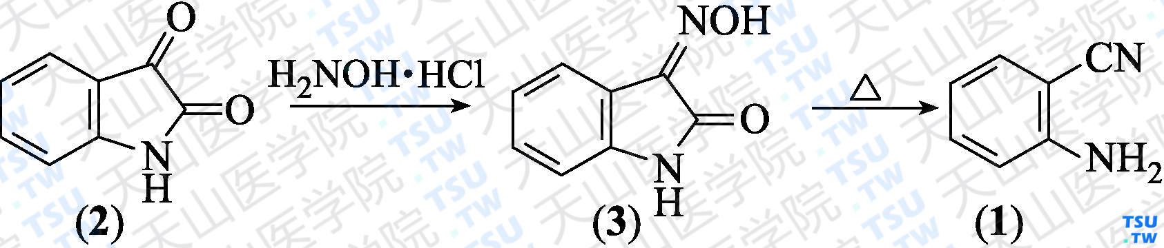 邻氨基苯甲腈（分子式：C<sub>7</sub>H<sub>6</sub>N<sub>2</sub><sub>）的合成方法路线及其结构式