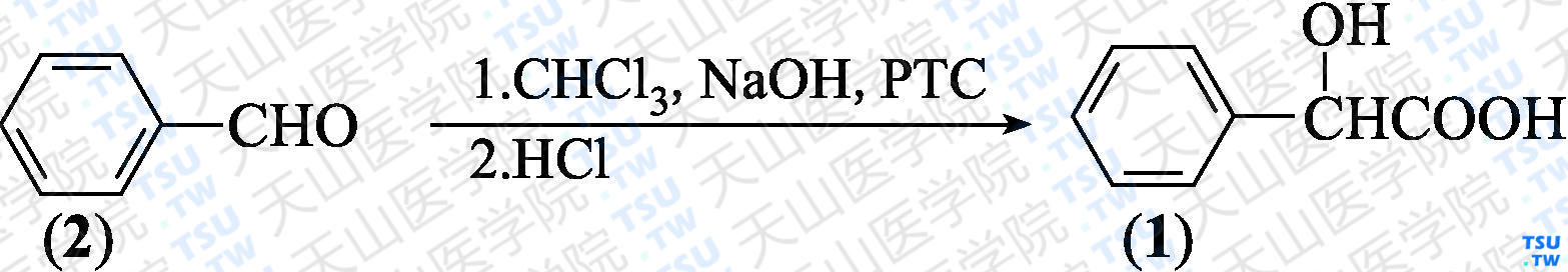 DL-扁桃酸（分子式：C<sub>8</sub>H<sub>8</sub>O<sub>3</sub>）的合成方法路线及其结构式