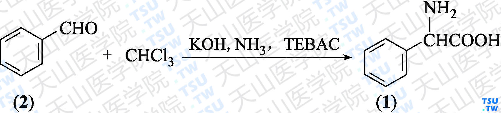 苯甘氨酸（分子式：C<sub>8</sub>H<sub>9</sub>NO<sub>2</sub>）的合成方法路线及其结构式