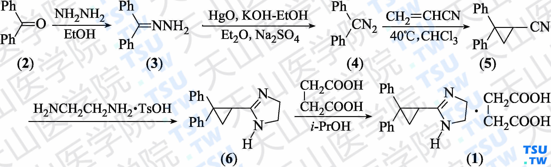 琥珀酸西苯唑啉（分子式：C<sub>18</sub>H<sub>18</sub>N<sub>2</sub>·C<sub>4</sub>H<sub>6</sub>O<sub>4</sub>）的合成方法路线及其结构式