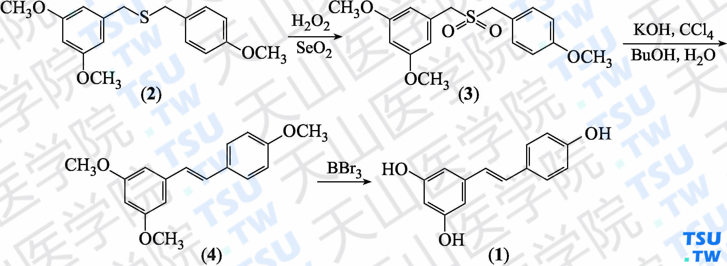 白藜芦醇（分子式：C<sub>14</sub>H<sub>12</sub>O<sub>3</sub>）的合成方法路线及其结构式