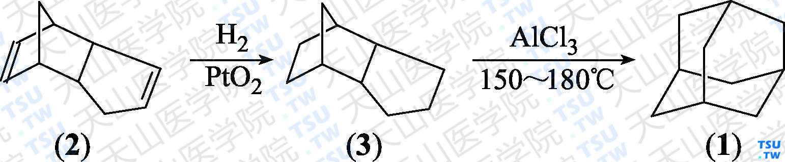 金刚烷（分子式：C<sub>10</sub>H<sub>16</sub>）的合成方法路线及其结构式