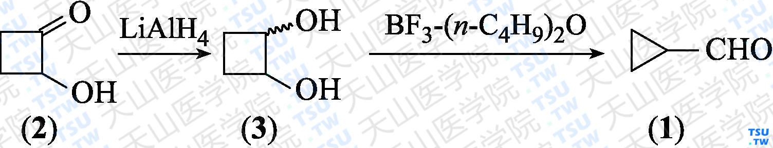环丙基甲醛（分子式：C<sub>4</sub>H<sub>6</sub>O）的合成方法路线及其结构式
