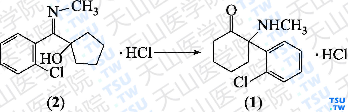 氯胺酮（分子式：C<sub>13</sub>H<sub>16</sub>ClNO·HCl）的合成方法路线及其结构式