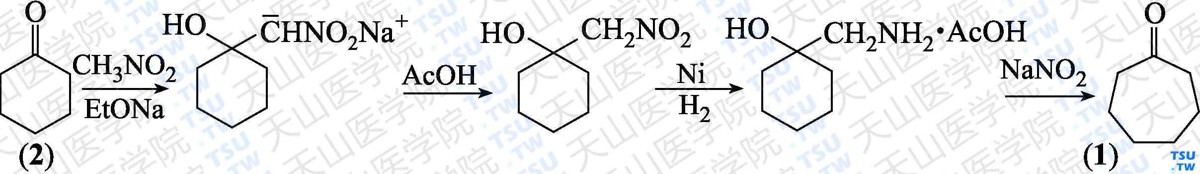 环庚酮（分子式：C<sub>7</sub>H<sub>12</sub>O）的合成方法路线及其结构式