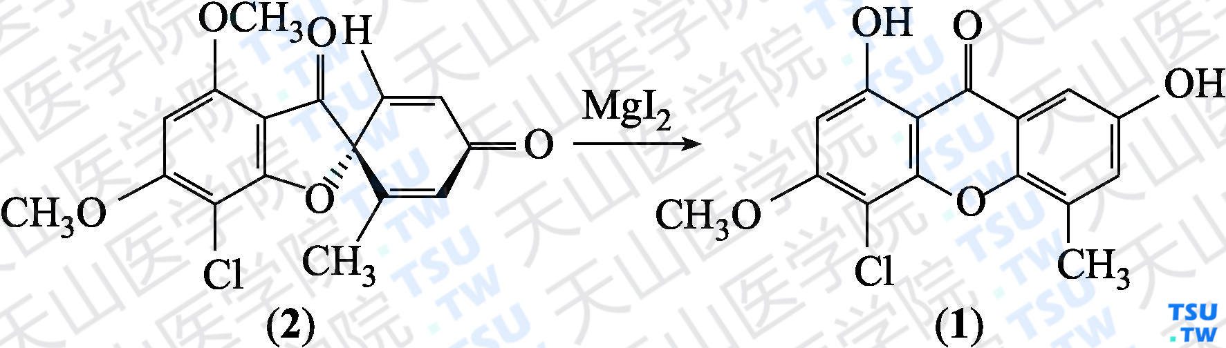 5-氯-2，8-二羟基-6-甲氧基-4-甲基氧杂蒽酮（分子式：C<sub>15</sub>H<sub>11</sub>ClO<sub>5</sub>）的合成方法路线及其结构式
