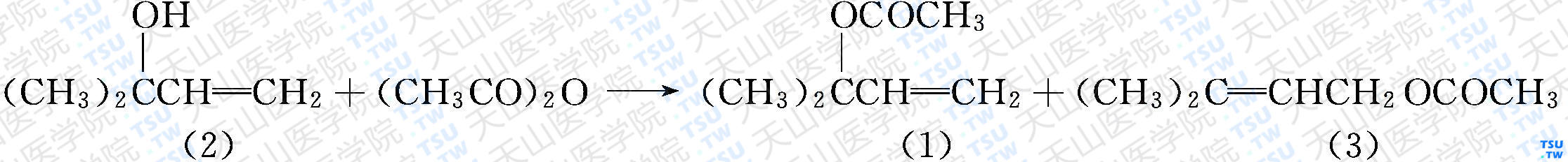 <i>α</i>，<i>α</i>-二甲基烯丙基乙酸酯和<i>γ</i>，<i>γ</i>-二甲基烯丙基乙酸酯（分子式：C<sub>7</sub>H<sub>12</sub>O<sub>2</sub>）的合成方法路线及其结构式