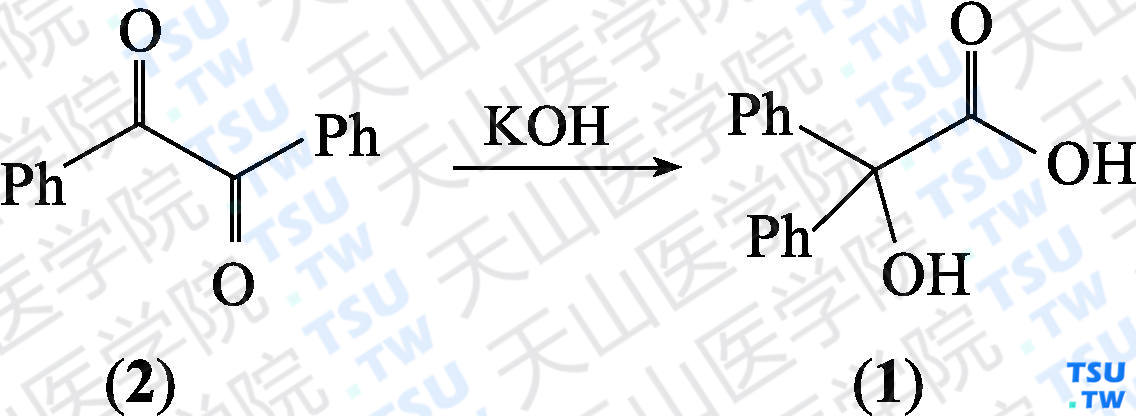 二苯基羟基乙酸（分子式：C<sub>14</sub>H<sub>12</sub>O<sub>3</sub>）的合成方法路线及其结构式